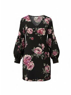 Everly Women's Black Floral V-Neck Long Cuff Sleeve A-Line Short Dress Small